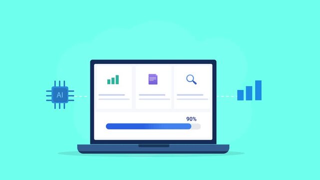 Animated flat vector illustration of a laptop displaying an AI analytics dashboard with performance charts, search, and processor icons. Modern artificial intelligence, business analytics, and data te