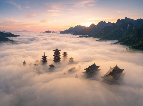 Ancient Pagoda Temple Complex Above Sea of Clouds at Sunrise