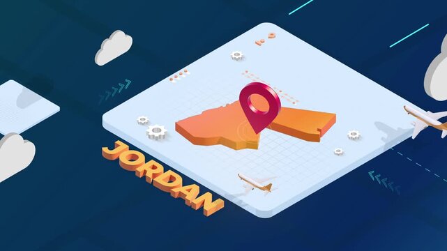 Isometric 3D Render of Jordan Map with Red Location Pin Pointer and Floating Airplanes