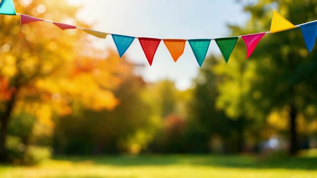 Colorful festive bunting flags hanging outdoors with blurred park background for celebration decoration banner