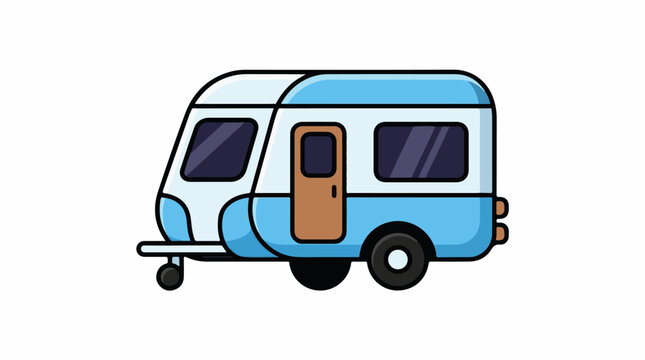 A cartoon-style illustration of a small camper van with a white and blue body
