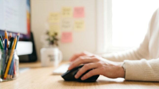 Close up of person using computer mouse at wooden desk in bright home office with colorful sticky notes and pencil holder in background for productive remote work environment theme