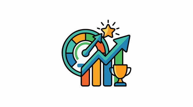 A colorful graphic showing a star bar chart line graph pie chart and trophy