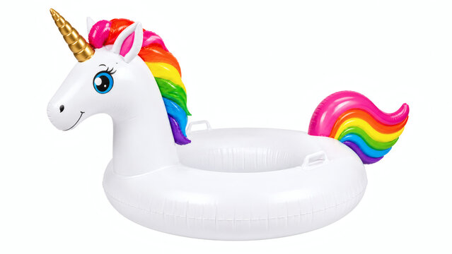 Inflatable white unicorn pool float with rainbow mane and tail isolated on white background