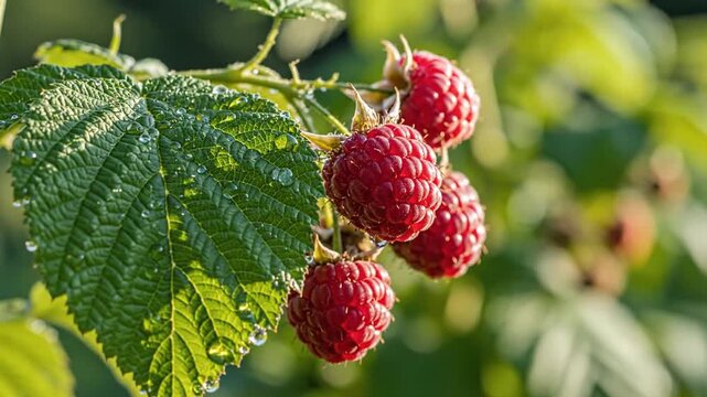 Ripe red raspberries hang from a lush green leafy branch outdoors.