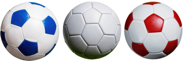 Three soccer balls, one blue and white, one all white, and one red and white, isolated on a white background. © SportPNG
