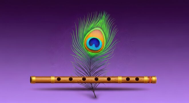 A traditional wooden bansuri bamboo flute lying in front of a colorful peacock feather against a dark purple gradient background