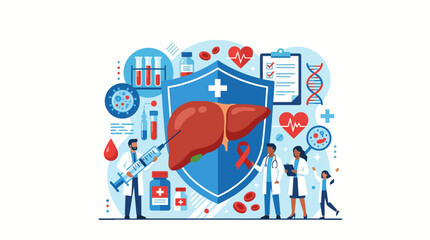 Obraz premium Comprehensive Medical Concept for World Hepatitis Day Featuring Liver Healthcare Professionals Diagnostics and Treatment Procedures