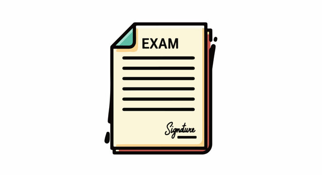A digital illustration of a cream-colored exam paper with a black outline and a pen