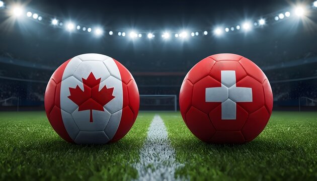 Two soccer balls in flags colors on a stadium blurred background Canada vs Switzerland 3D image football match tournament championship competition game group stage sport concept graphic art banner ads