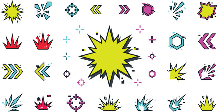 Abstract Glitch Effect Geometric Shape and Burst Icon Set for Modern Digital Art, Gaming Interfaces, and Cyberpunk Design Elements