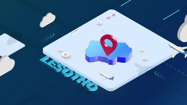 Isometric 3D Render of Lesotho Map with Red Location Pin Pointer and Floating Airplanes