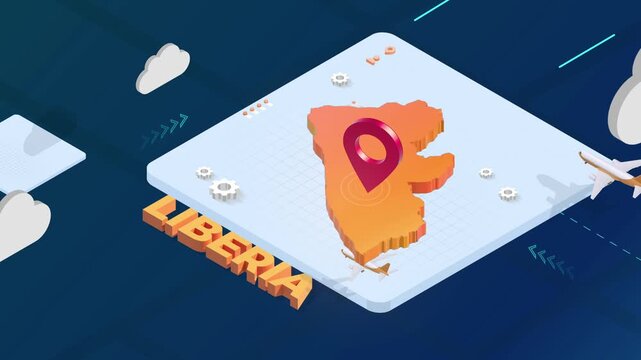 Isometric 3D Render of Liberia Map with Red Location Pin Pointer and Floating Airplanes