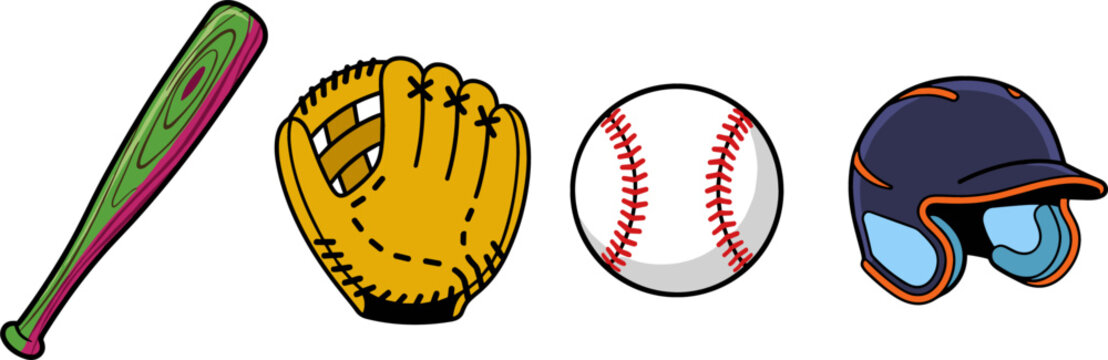 Baseball Sport Icon Set with Wooden Bat Leather Glove Stitch Ball and Protective Batting Helmet for Softball Game Tournament Interface Design