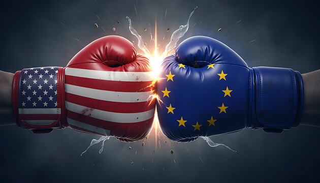 Red glowing atomic explosion with american and european union flags, digital style light