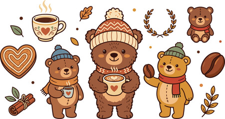 Fototapeta premium Cute Autumn Teddy Bear and Coffee Illustration Set Featuring Cozy Winter Hats, Scarves, Warm Drinks, Gingerbread Hearts, and Cinnamon Sticks