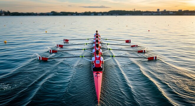 A professional rowing team training on a calm lake background during a beautiful golden sunset time.