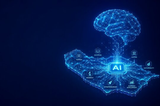 Futuristic AI brain and digital map representing the neural network of madeira. futuristic low poly madeira day with wireframe technology intelligence. futuristic low poly madeira day