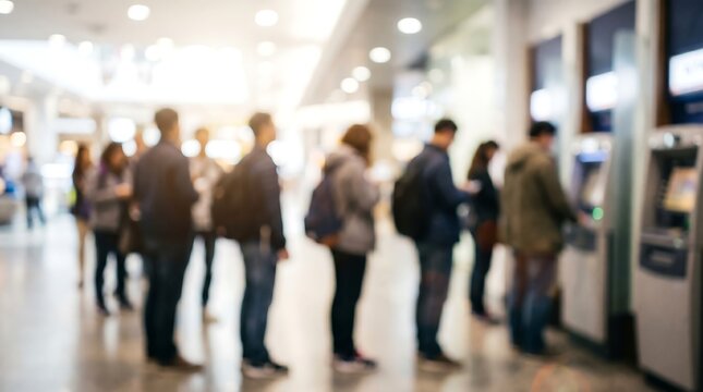 Blurred group of diverse customers standing in long line at bank branch to use automated teller machines for financial transactions and cash withdrawals in city center