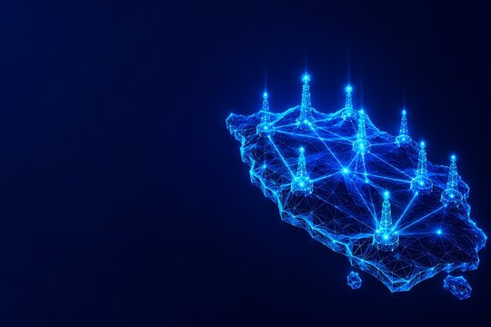 Connected digital network grid over the island of madeira in low poly style. futuristic low poly madeira day with wireframe connection technology. futuristic low poly madeira day