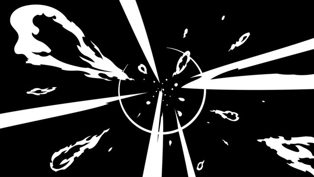 Abstract anime speed lines and explosive impact effect with energy burst and meteor fragments. Dynamic manga style background element isolated for comic action scenes, motion graphics.