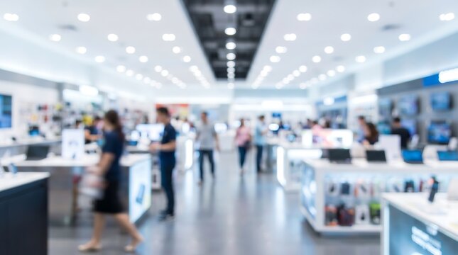 Blurred retail store interior with customers and staff in electronics shop for consumer shopping and technology sales concept with bokeh lights and modern display environment