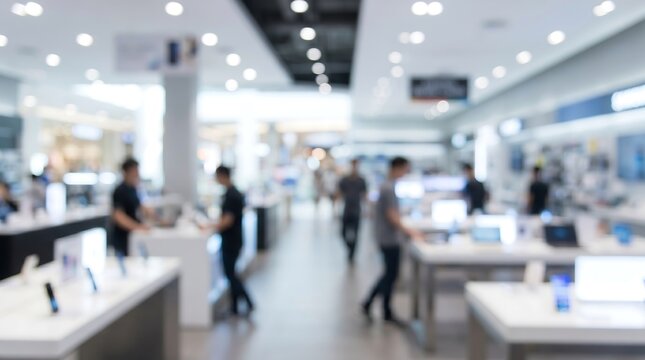 Blurred technology store interior with shoppers and staff interacting in bright modern electronics shop for retail industry and consumer shopping background photography style