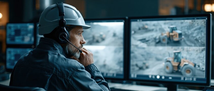 Remote operations concept focused engineer wearing hard hat and headset oversees excavator fleet via multiscreen surveillance system. Ideal for mining, industrial safety, and infrastructure.