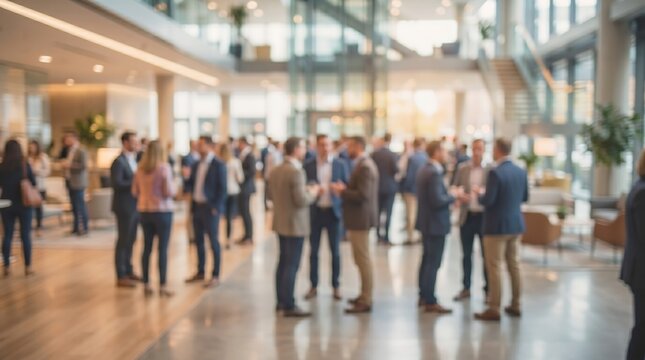 Blurred business networking event with professionals in suits socializing in modern corporate lobby for corporate lifestyle and business conference background imagery and concepts