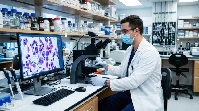 Man scientist using microscope to examine biological sample on computer screen. Researcher analyzing medical data in modern laboratory. Professional clinical diagnostic, science and technology.