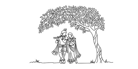 Lord krishna and radha standing together under a tree playing the flute as a beautiful hand drawn line art illustration for cultural and religious festivals © Kanu Art_Gallery