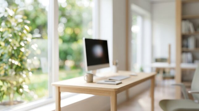 Modern home office workspace with desktop computer on wooden desk near large window overlooking lush green garden in bright daylight for productive remote work and study environment