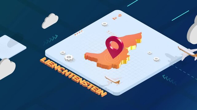 Isometric 3D Render of Lienchtenstein Map with Red Location Pin Pointer and Floating Airplanes