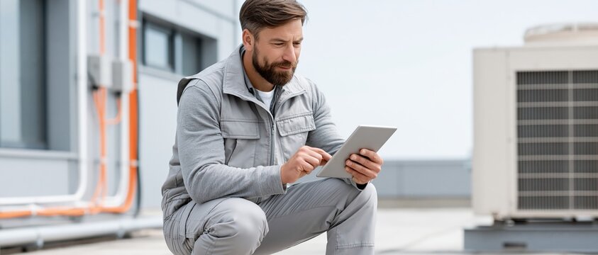 Focused male service technician in uniform crouches on commercial rooftop, using tablet to inspect air conditioning unit. Ideal for HVAC, facility management, and smart maintenance.