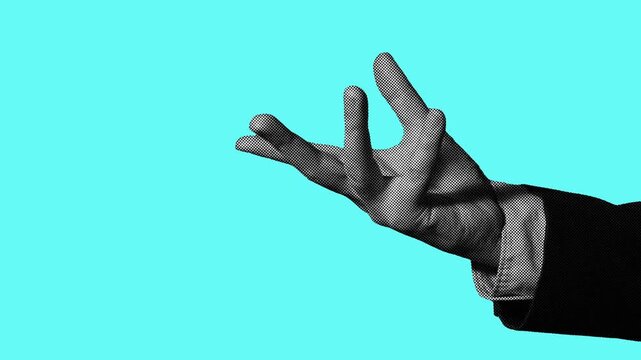Halftone businessman hand in holding gesture, swaying on cyan background. Retro pop art style, seamless loop for business and communication content.