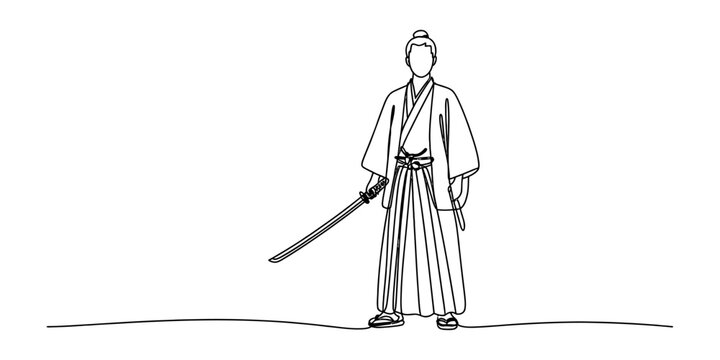 Continuous single line drawing of a japanese samurai warrior standing with a katana sword in his hand