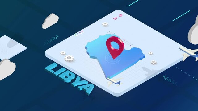 Isometric 3D Render of Libya Map with Red Location Pin Pointer and Floating Airplanes