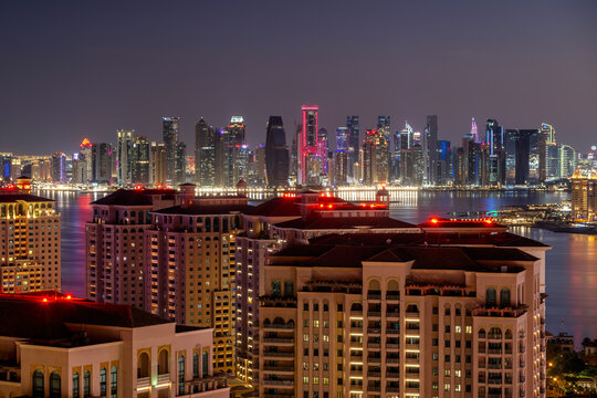 Beautiful Aerial View of Pearl Qatar. Roundabout Pearl Qatar at sunset time.	