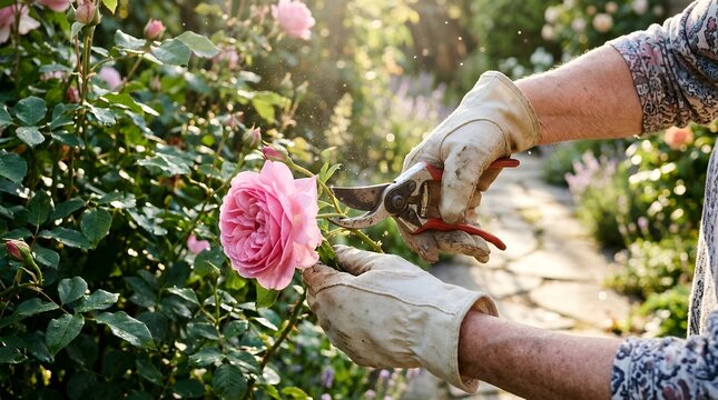 Woman snipping pink rose in garden