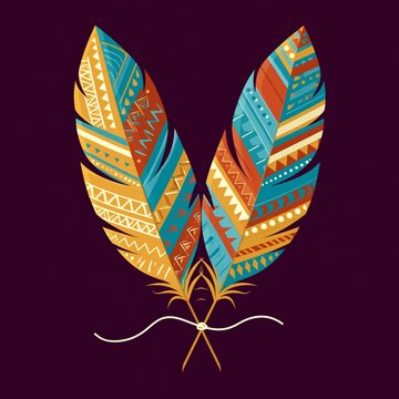 Bohemian Tribal Feather Illustration with Vibrant Ethnic Patterns on Dark Background