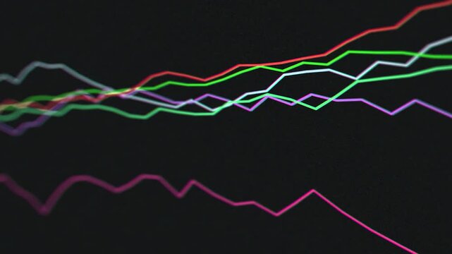 Colorful line charts scrolling on dark monitor screen, shot at angle with depth of field blur and noise. Cinematic and atmospheric, suitable for finance and tech content.