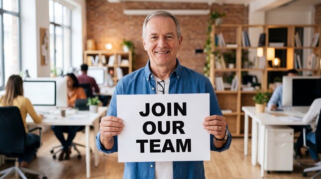 Smiling senior caucasian man holding a Join Our Team sign in a modern diverse office