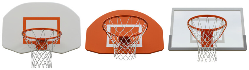 Three basketball hoops with nets and backboards, isolated on a white background © TravelsPNG