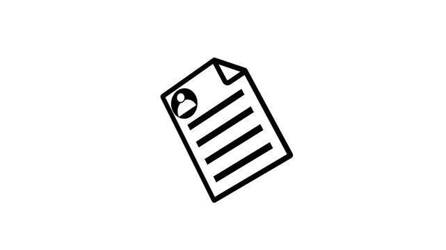 Minimalist black and white resume document icon animation on white background, clean curriculum vitae line art video for human resources job application and career summary