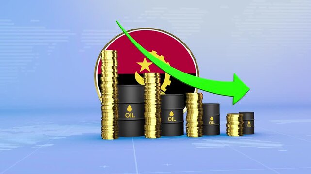 Angola Oil Prices Decline with Oil Barrels, Gold Coins and Downward Green Arrow, 3D Economic and Financial Market Concept