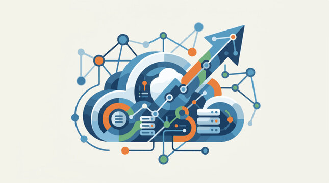 Abstract digital network with cloud server and upward arrow