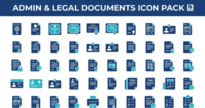 Admin and legal documents icon pack provides a comprehensive selection of files and identification cards.
