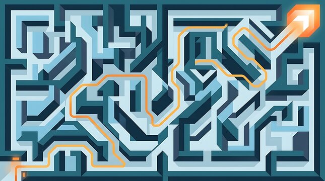 Glowing orange path finding its way through a complex 3d maze