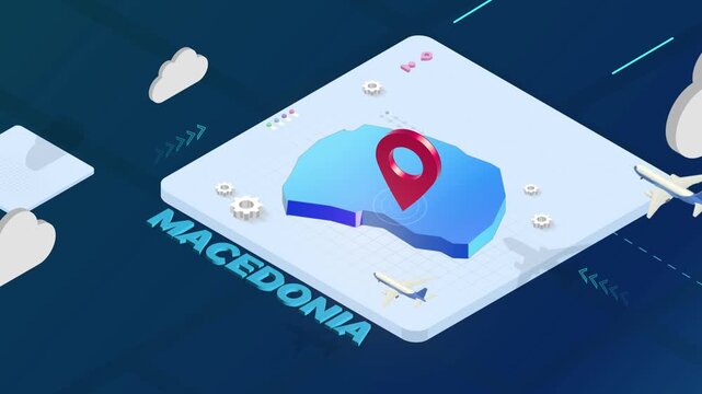 Isometric 3D Render of Macedonia Map with Red Location Pin Pointer and Floating Airplanes