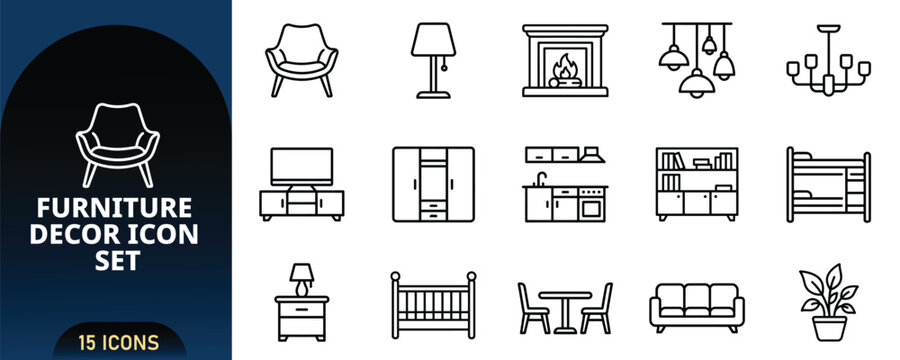 Furniture Decor Icon Set, Vector Line Art Icons of Home Interior, Modern Armchair, Living Room Sofa, TV Stand, Kitchen Counter, Wardrobe, Fireplace and Houseplant Isolated on White.